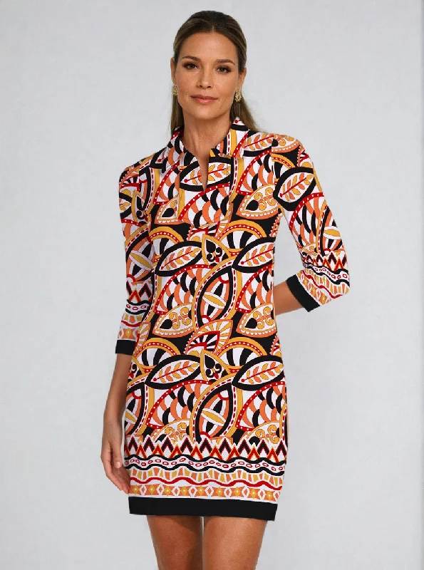 Online Exclusive Valencia Print Cotton Knit 3/4 Sleeve Polo Neck Dress