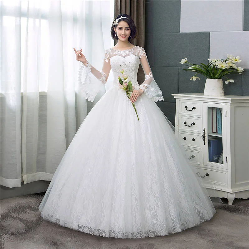 Incredible Offers Women's O-Neck Lace-Up Long Wedding Dress