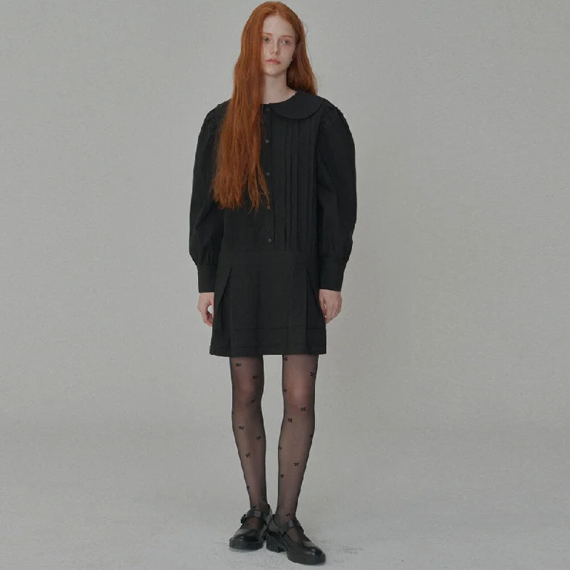 Price Cut [OPENING SUNSHINE] FW 24 Round Collar Pin-tuck Mini Dress_Black