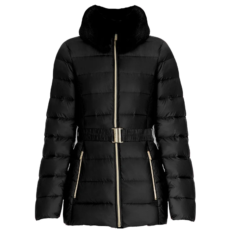 Michael Kors Women's Black Faux Fur Collar Belted Lightweight Down Puffer Coat