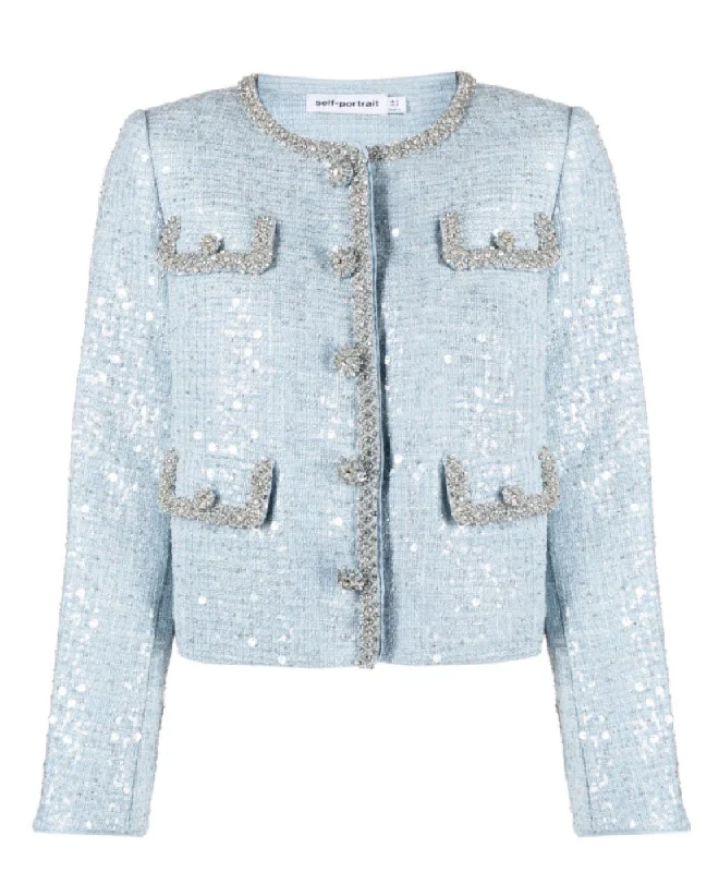 Self Portrait Women Sequin Boucle Chest Flap Pockets Polyester Jacket Blue