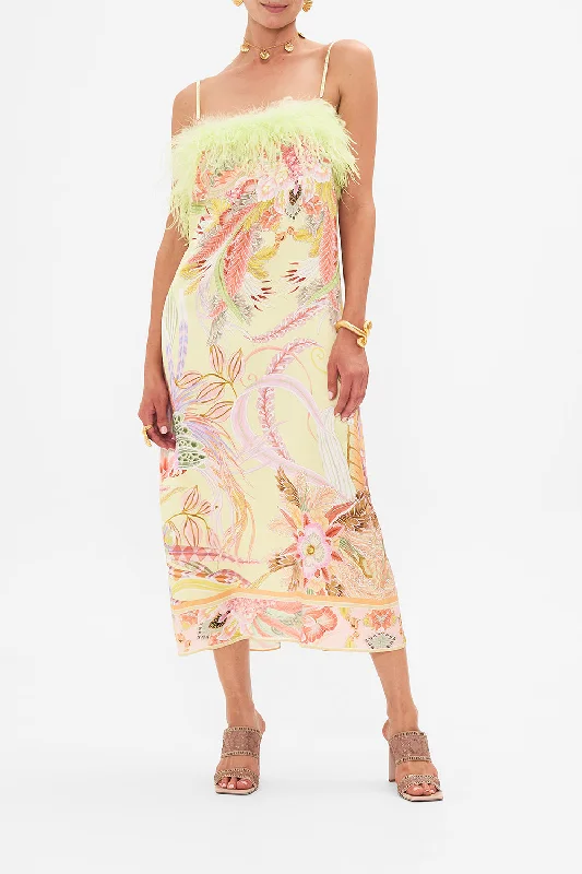 FEATHER SQUARE NECK MIDI DRESS COSMIC TUSCAN