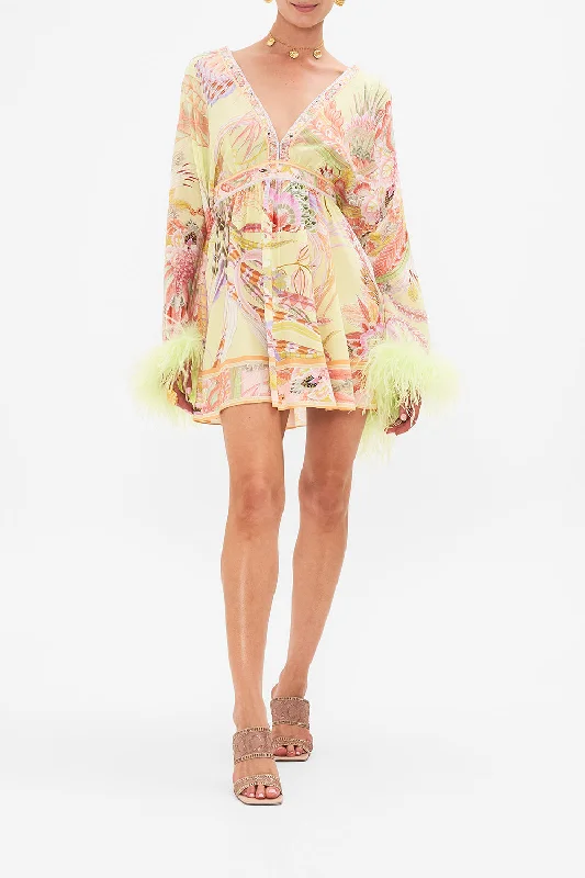 GATHERED KIMONO MINI DRESS WITH FEATHERS COSMIC TUSCAN