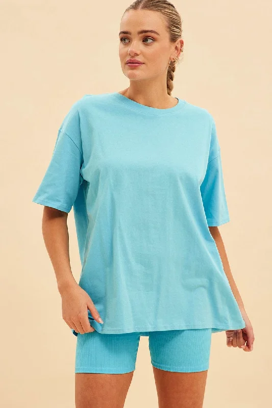 Blue Jamie Cotton Jersey Crew Neck Oversized T-Shirt