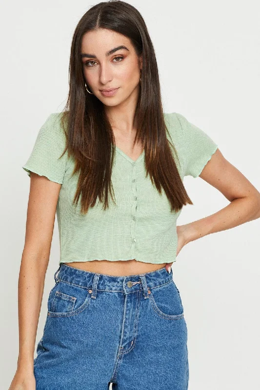 Green Crop Cardigan Short Sleeve Waffle