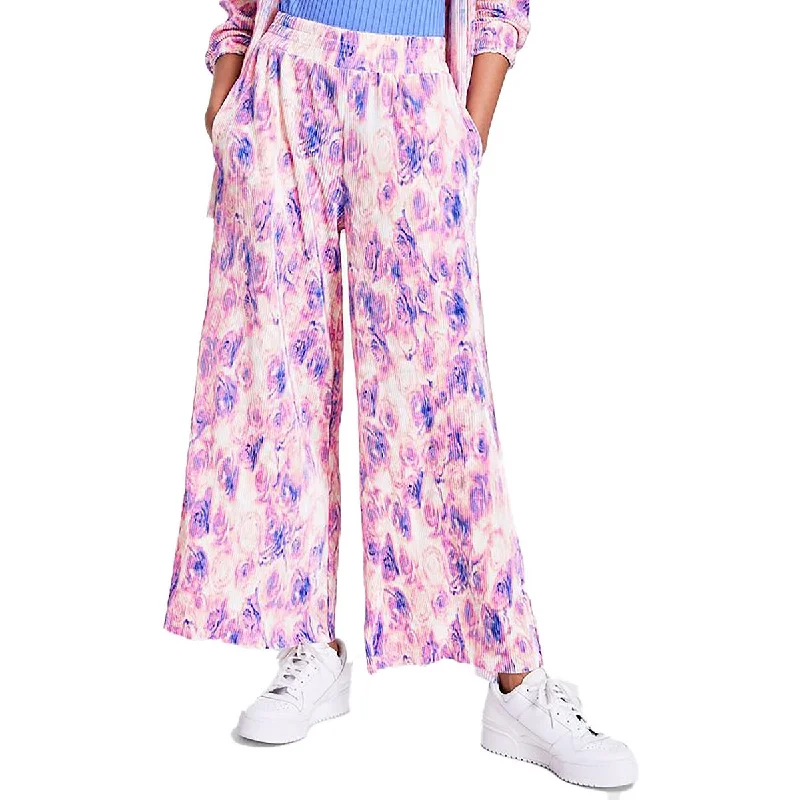 Petites Womens Pleated Printed Wide Leg Pants