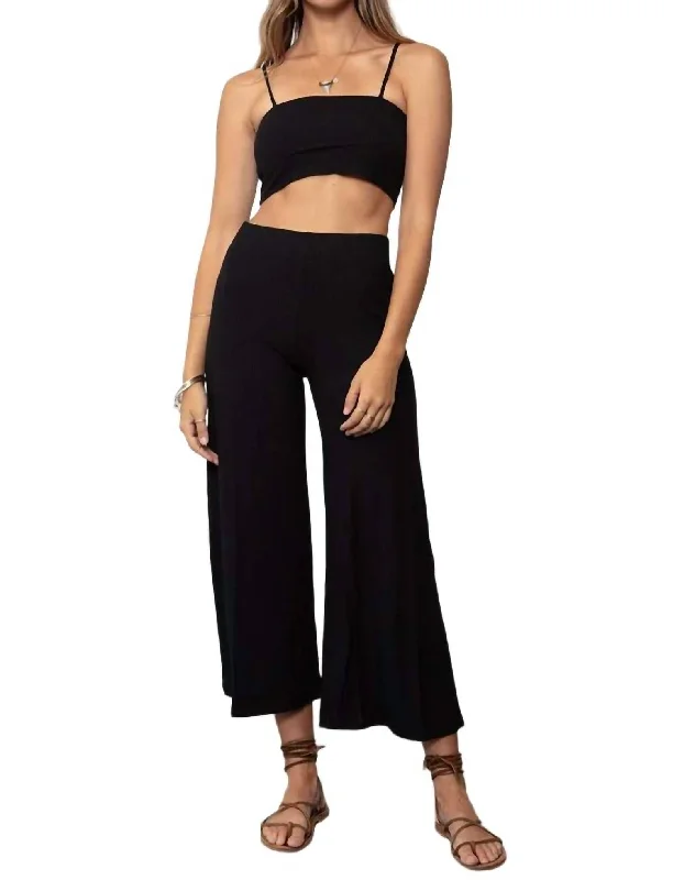 Rib Wide Leg Crop Pants In Black