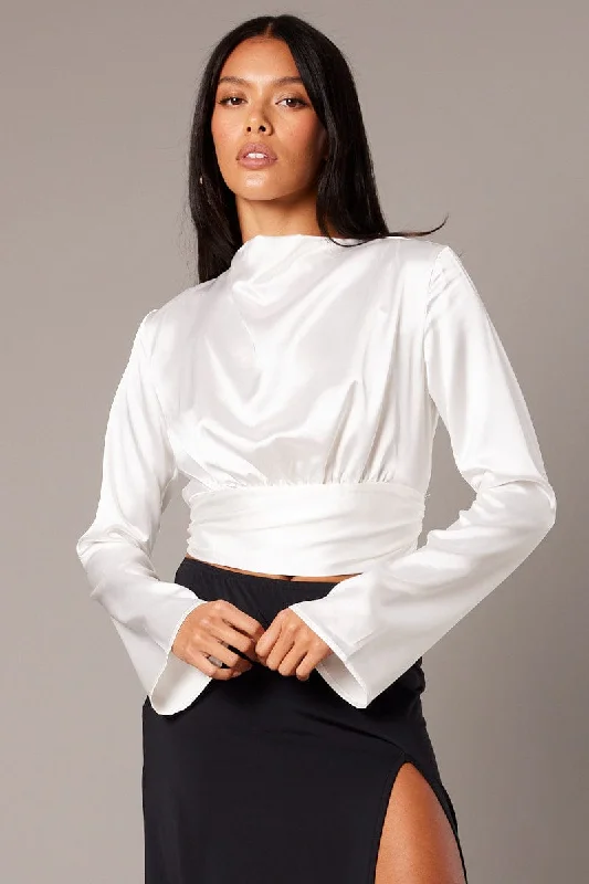 Savings Galore White Backless Top Flared Sleeve High Neck Blouse
