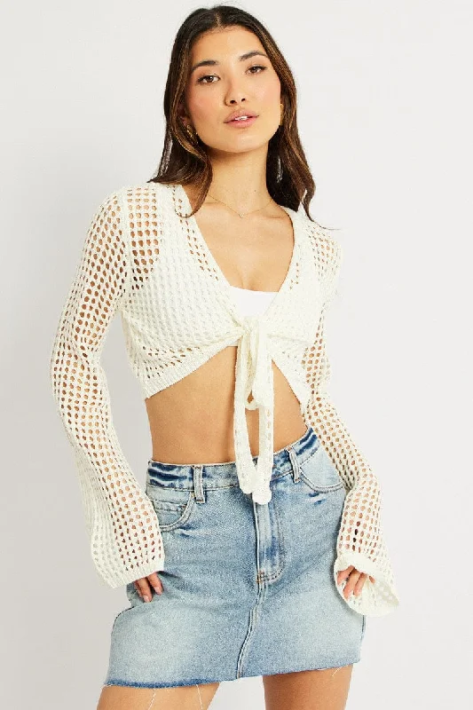 White Crochet Tie Up Cardigan