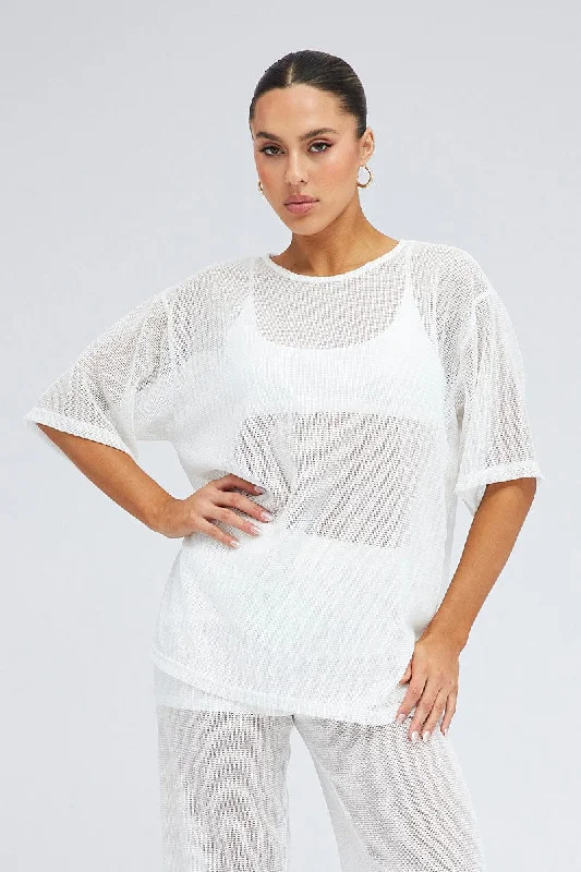Daily Deals White Oversized Knit Top Short Sleeve Crew Neck