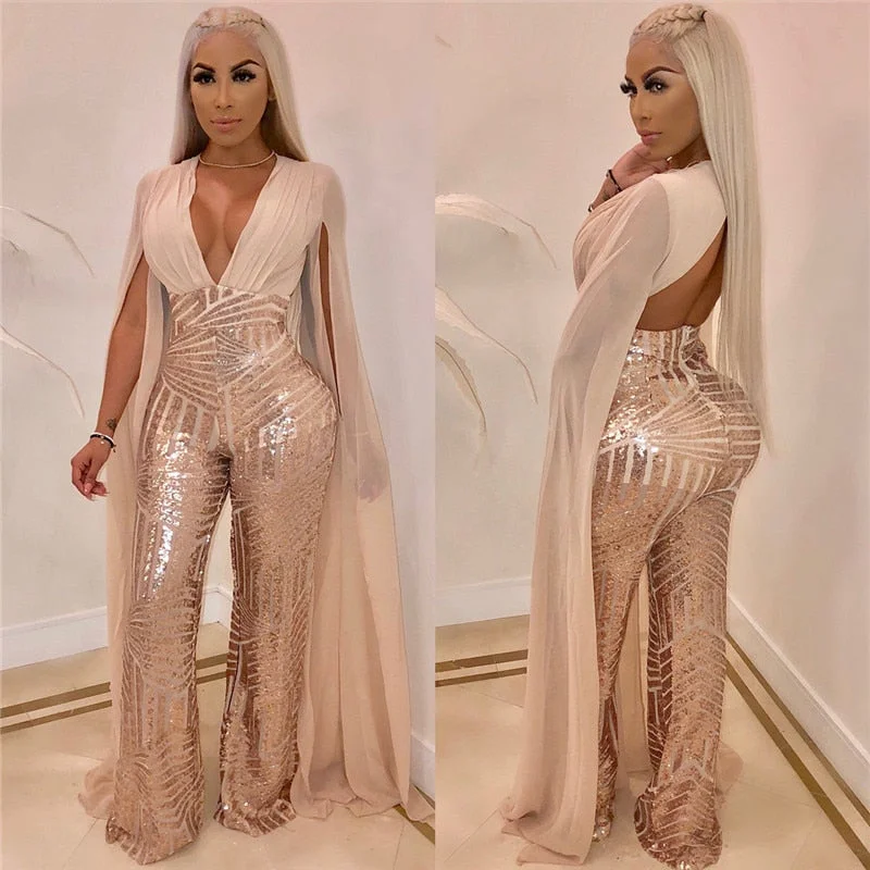 Extended Sleeve Sequin Deep V Wide Leg Sparkly Jumpsuits